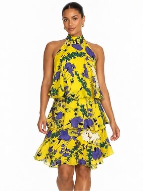 TRACY REESE Wild Orchid Yellow Floral Tiered Dress Size S